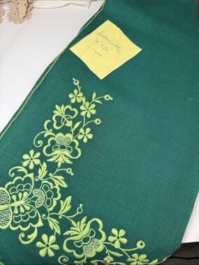 Embroidered Green Linen Runner with Lime Floral Motif